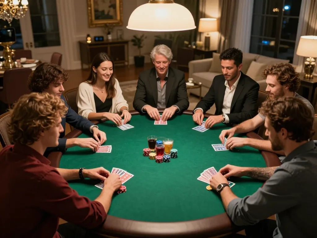 KJC poker night with friends enjoying a high-stakes game, vibrant atmosphere and luxury setting.