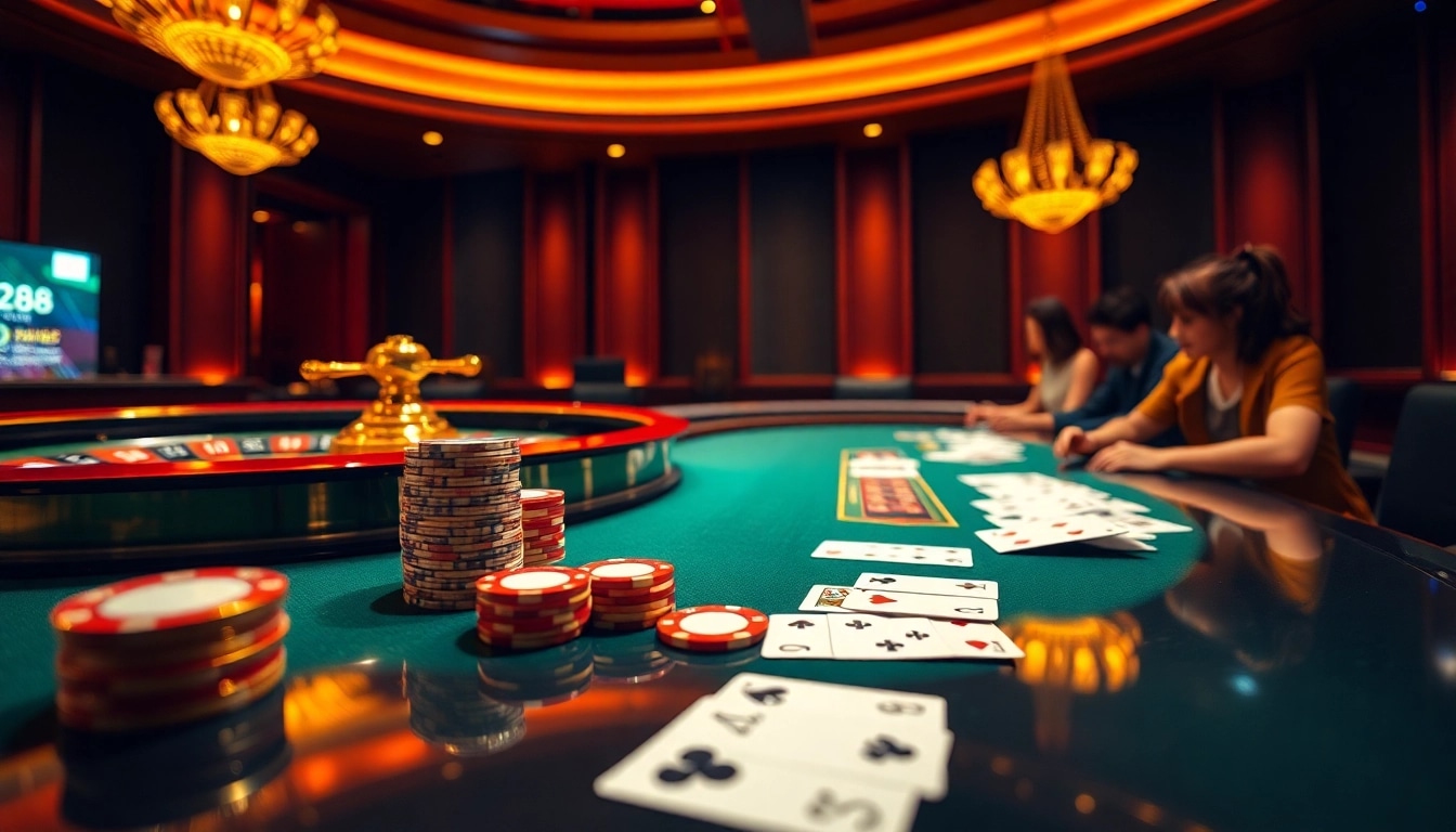 RR88 casino scene showcasing an engaging roulette wheel and poker cards for online gamblers.