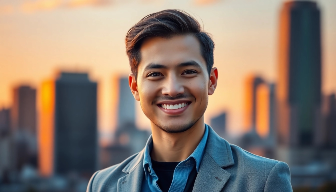 Capture the best ai headshot of a confident individual with a warm smile against a blurred city skyline.