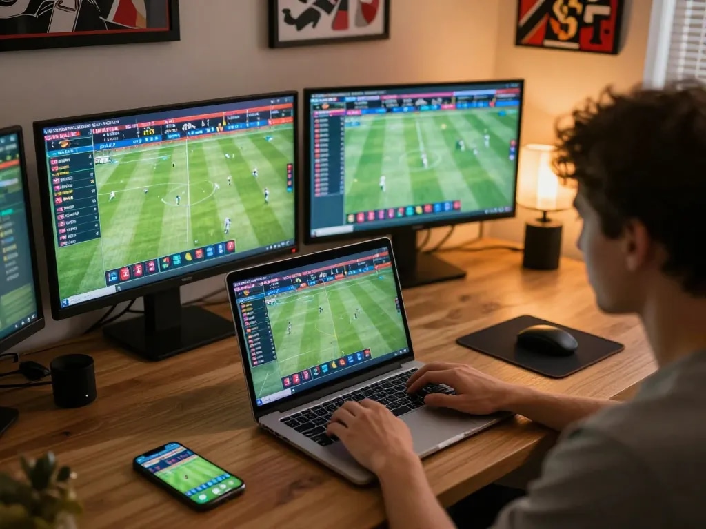 Engaging sports betting scene on laptop, keonhacaii showing live odds and match updates