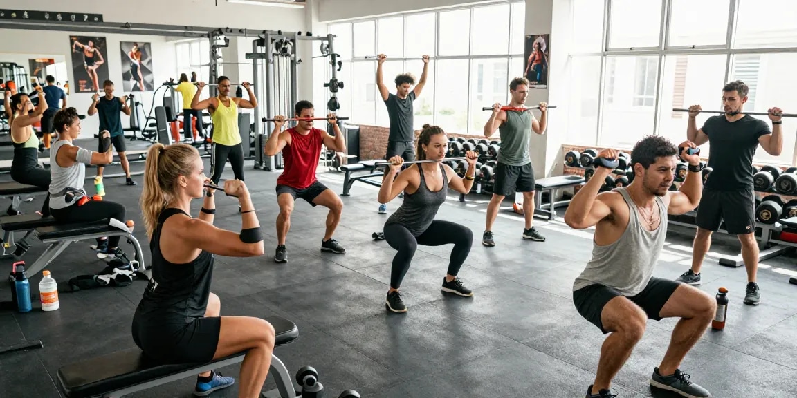Anabolika Shop gym scene depicting bodybuilders engaging in workouts with weights and resistance bands, showcasing fitness dedication.