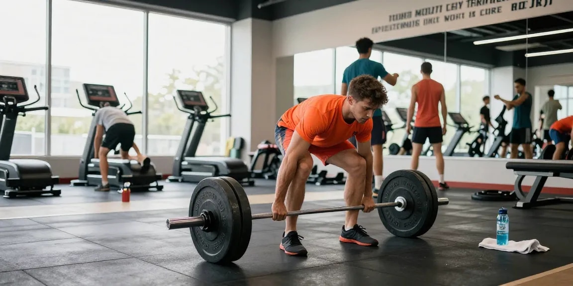 Anabolika Shop Deutschland, der einen Fitness-Enthusiasten zeigt, der Gewichte in einem lebhaften Fitnessstudio hebt, und die Energie des Trainings sowie das Engagement für Gesundheit hervorhebt.
