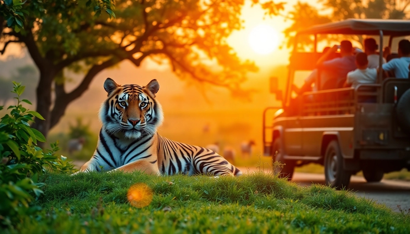 Experience the thrill of booking a tiger safari in India with a majestic Bengal tiger in the golden glow of sunrise.