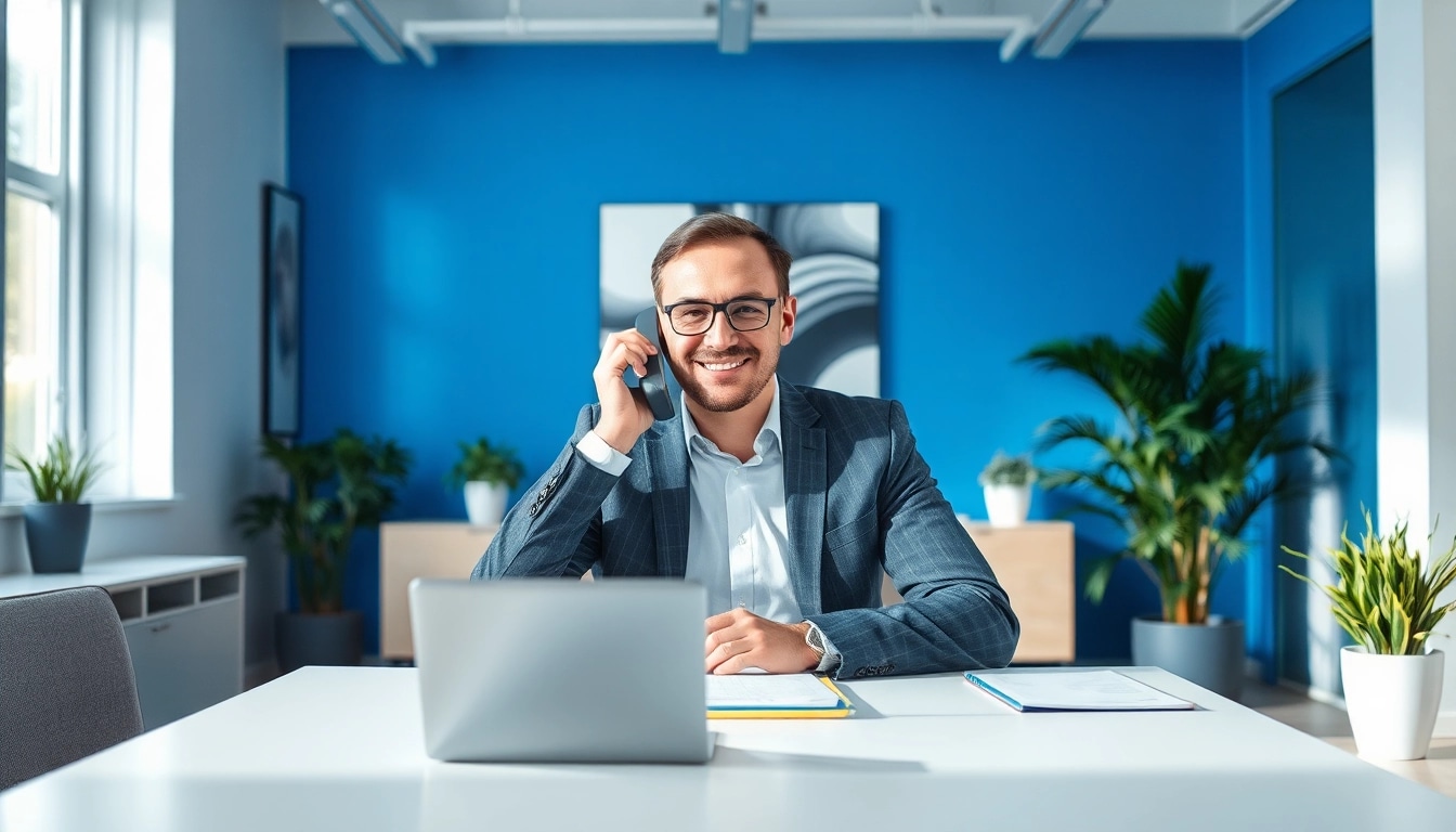Vertriebs-Headhunter in einem modernen Büro während eines engagierten Telefonats.
