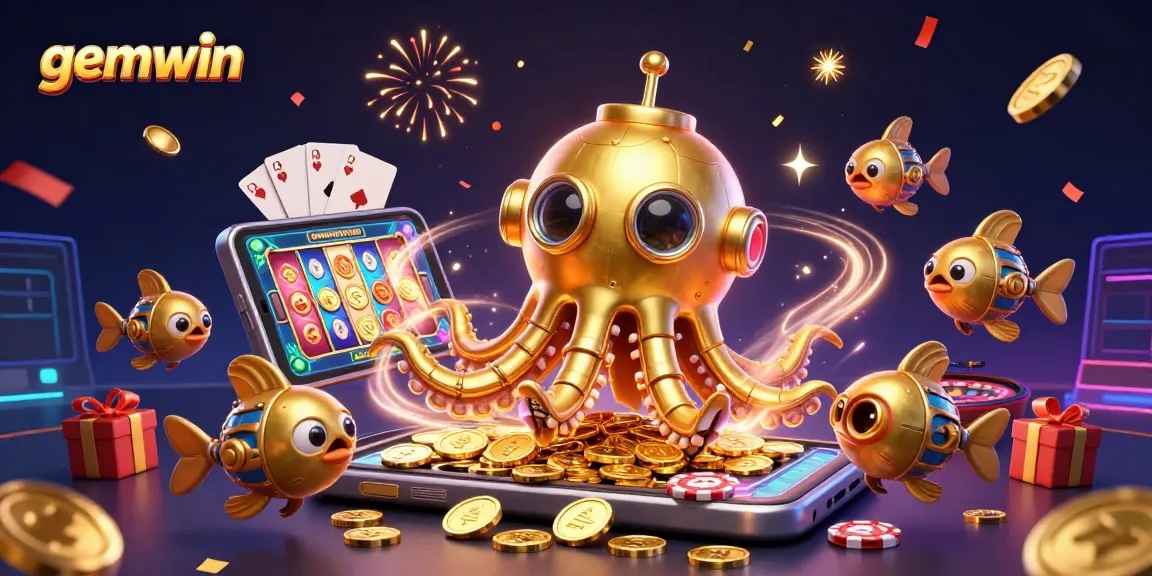 Experience the thrilling adventure with gemwin, featuring a cartoon kraken submarine amidst golden coins in a vibrant casino scene.