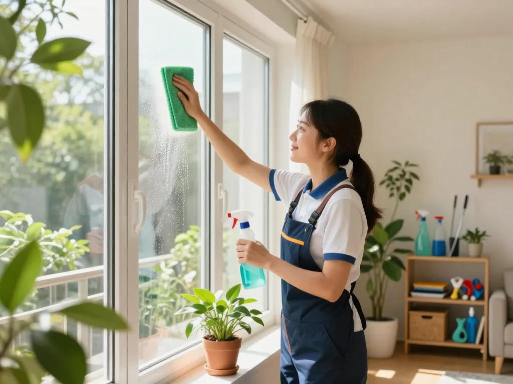 Professionelle Reinigungsfirma in Münster zeigt einen Reinigungsmitarbeiter, der fleißig Fenster in einer hellen Wohnung putzt.