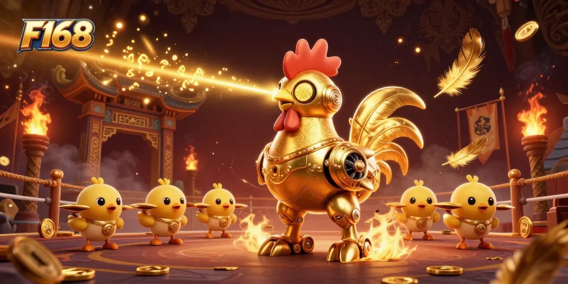 Engage in thrilling action at F168 with a golden rooster robot and dynamic gaming atmosphere.