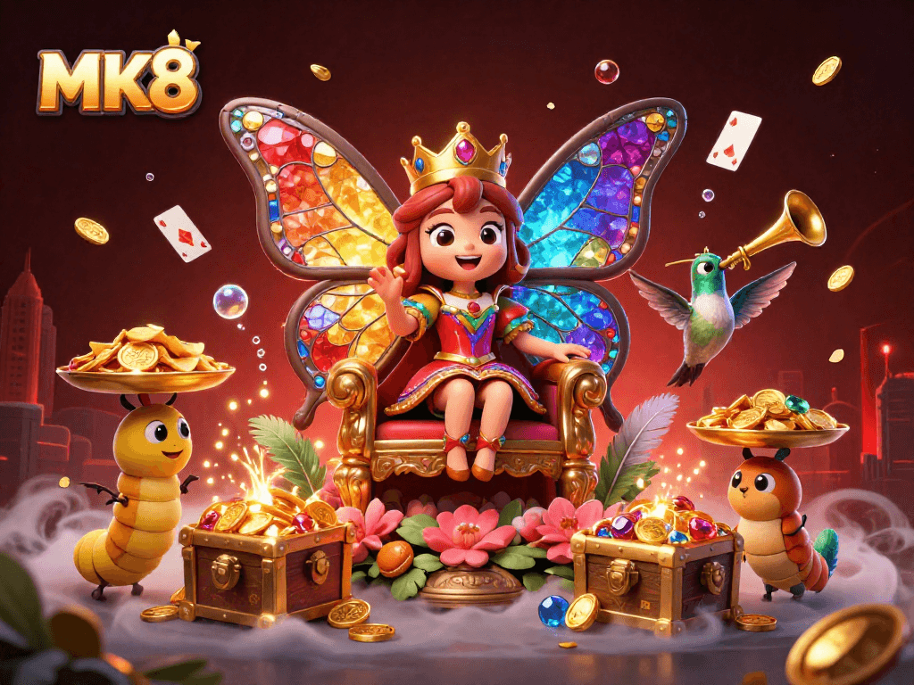 Engage with MK8's thrilling action showcasing a butterfly queen in a vibrant 3D casino scene.