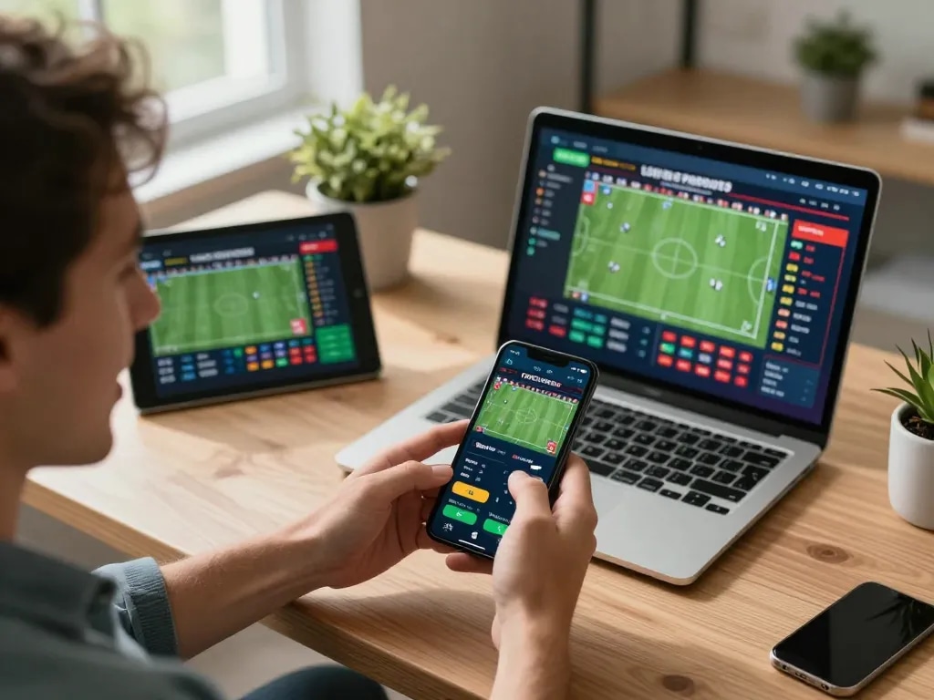 Person engaging with sports betting app at mb668.co during live game, showcasing excitement and strategic betting.