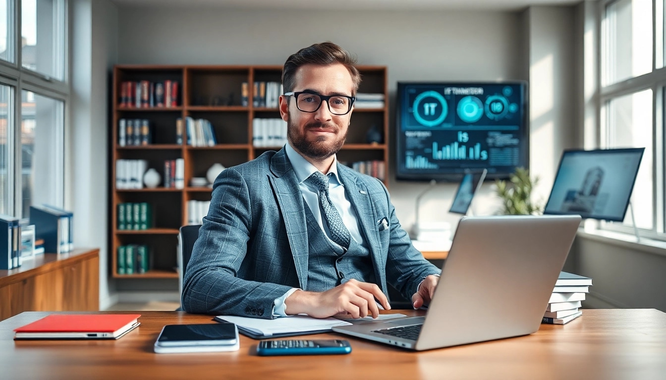 Erfolgreicher Headhunter IT berät in modernem Büro mit Laptop.