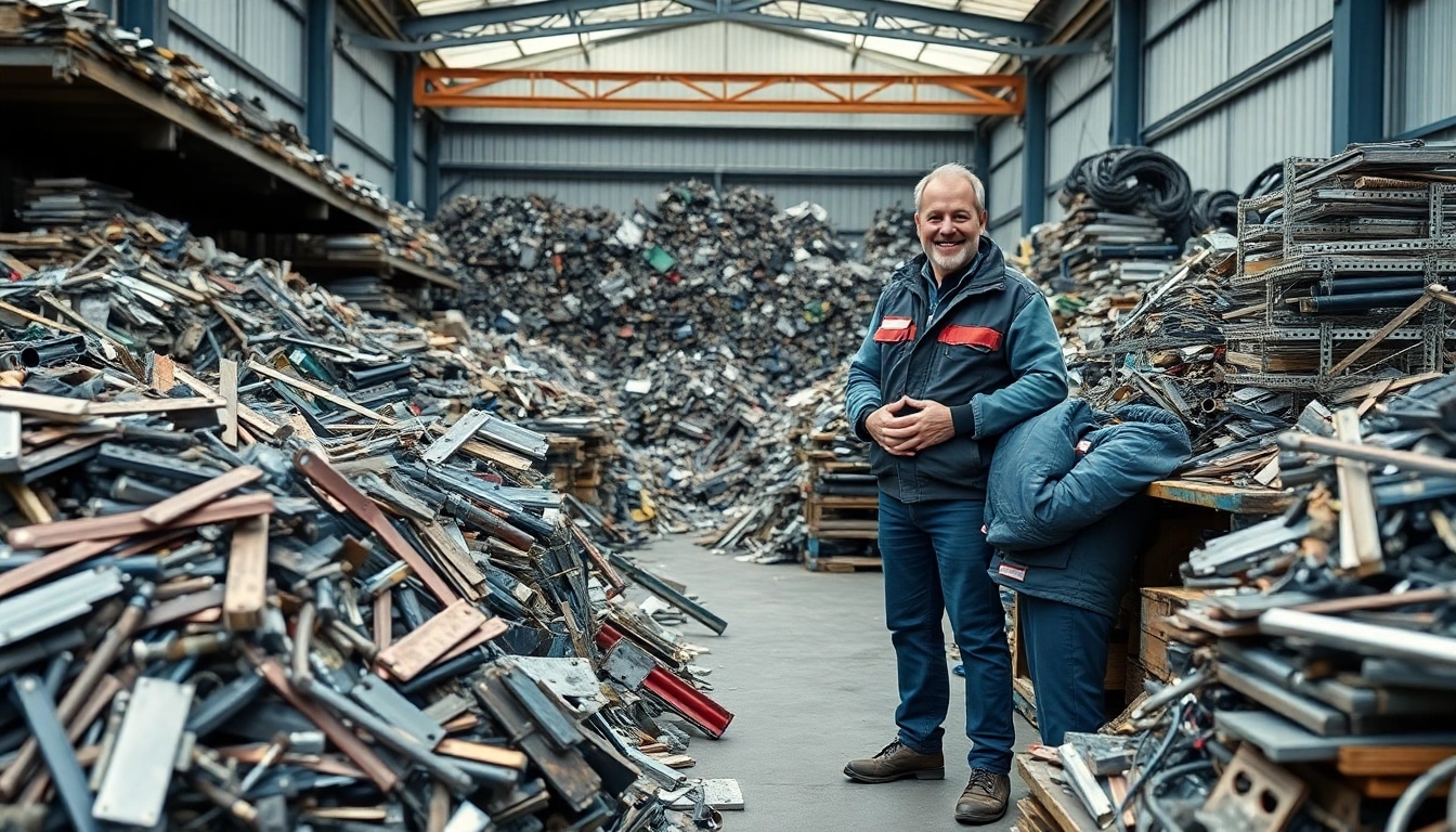 Effizienter Schrotthändler in Wuppertal mit einem gut organisierten Schrottplatz, der Metallkategorien zeigt.