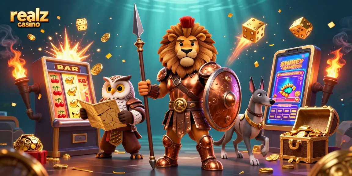 Experience thrilling action with realz casino illustrated in a vibrant, 3D cartoon scene of epic characters and slots.