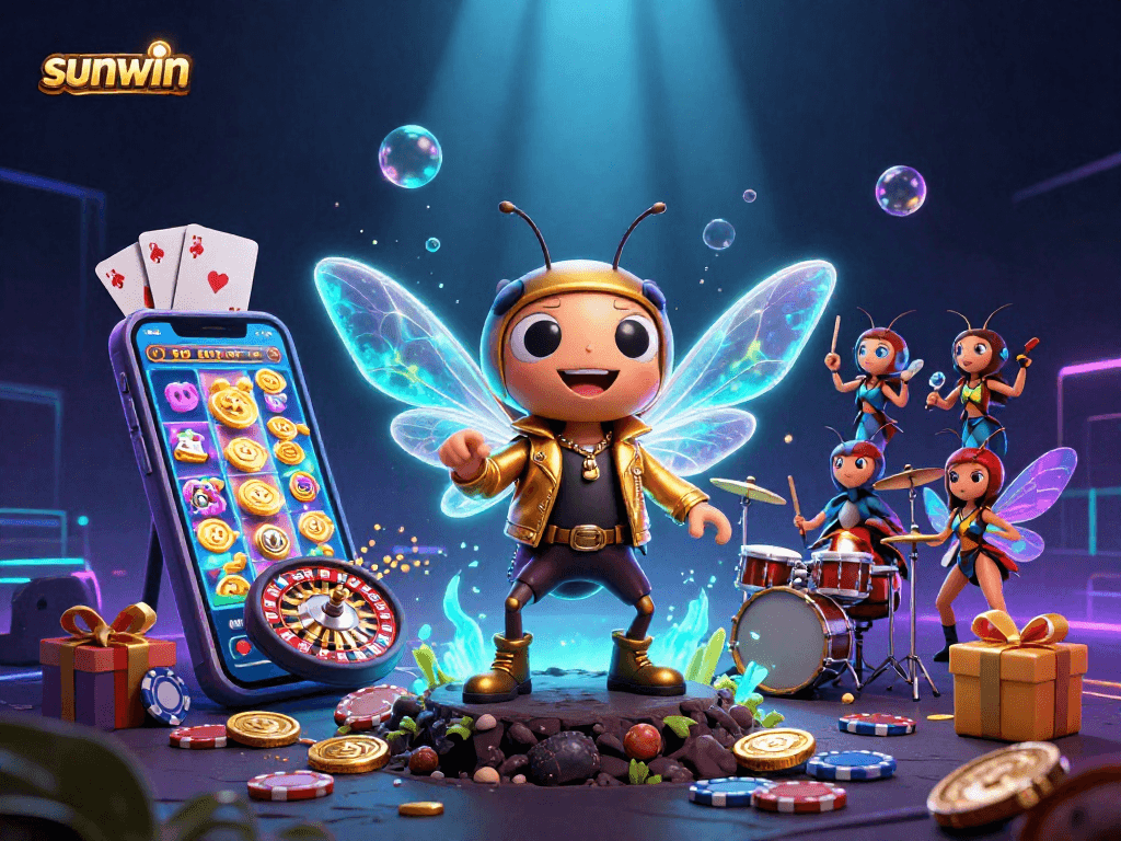 sunwin ignites excitement with cartoon rock star & dynamic casino elements in a vibrant scene