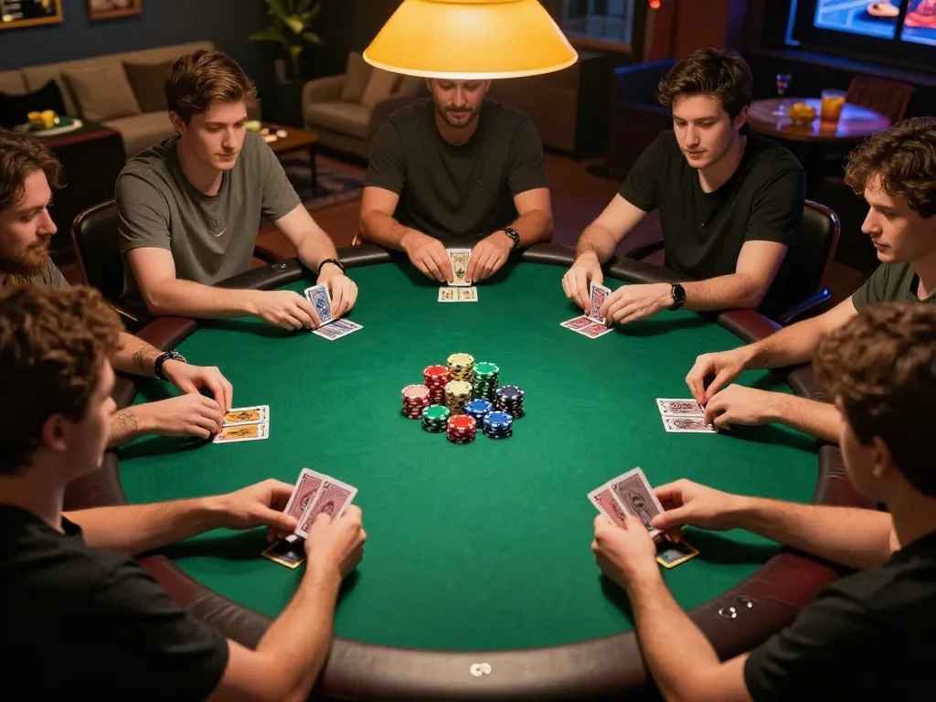 B52 club players engaging in a lively poker game night, showcasing colorful chips and cards on a round table.