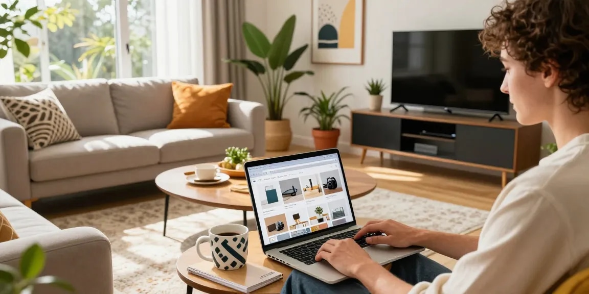 Stilvolle Person, die in einem modernen Wohnzimmer Möbel aus einem Möbel Shop online auswählt.