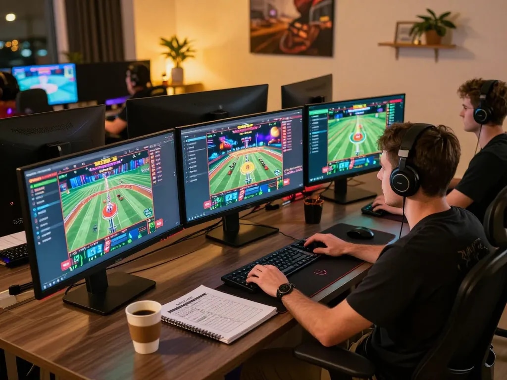 Engaging online gaming scene with fabet app displayed on multiple screens for responsible gambling