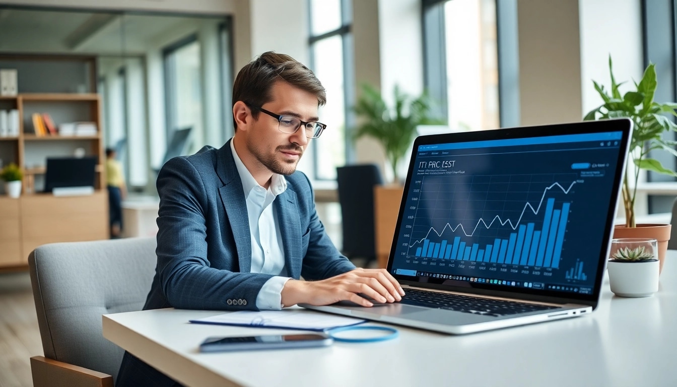 Business consultant analyzing data for Unternehmensberatung in a modern office setting.