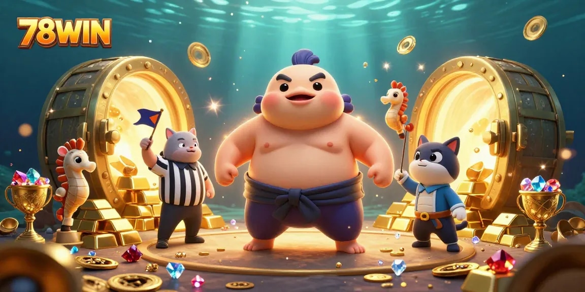 Experience thrilling gameplay and excitement with 78WIN's underwater casino game illustration featuring dynamic characters and treasures.