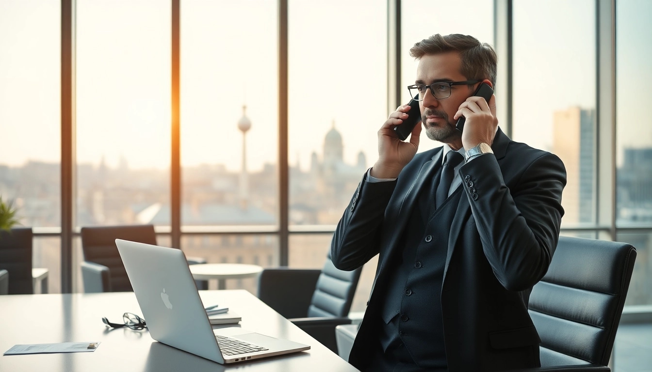 Professioneller Headhunter Berlin im modernen Büroumfeld bei einem Telefonat.