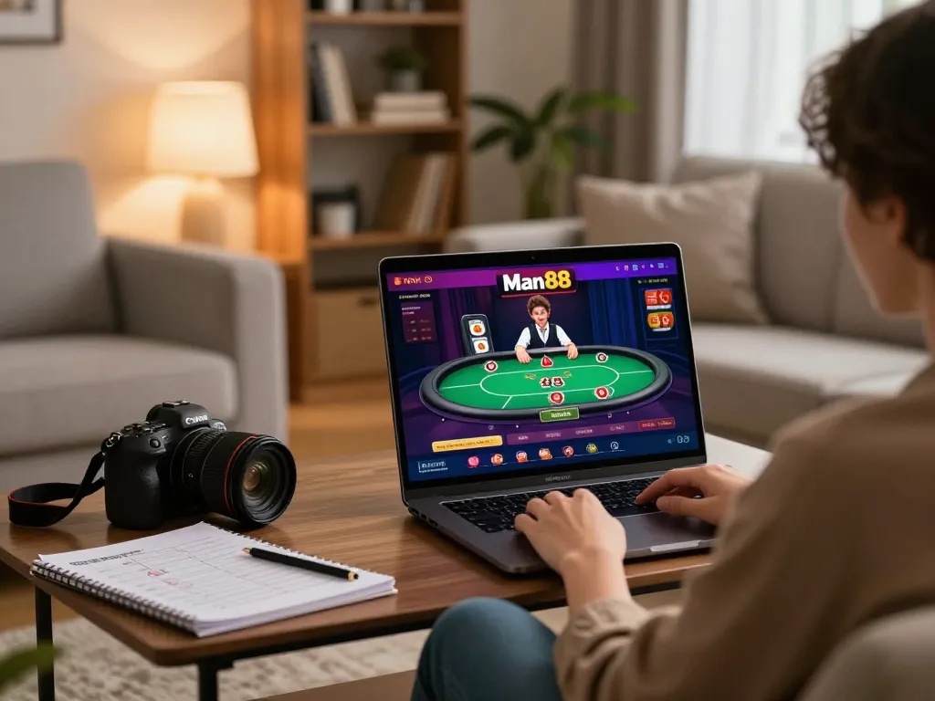 Player enjoying poker on man88 site with laptop, reflecting strategic online gambling.