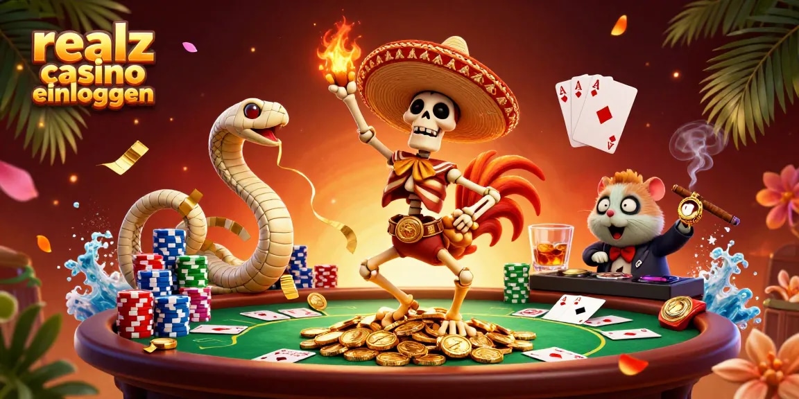 Realz Casino einloggen: Eine Szene mit einem tanzenden Skelett-Mariachi und Casino-Elementen.