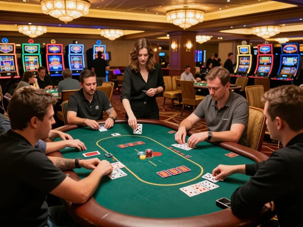 Engaged players in a thrilling poker game at 78winvina's luxurious casino with vibrant atmosphere.