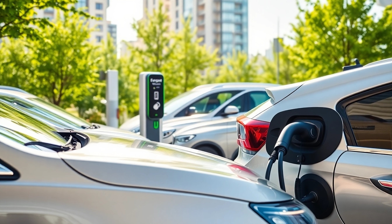 Elektroautos an einer modernen Ladestation in einer urbanen Umgebung.