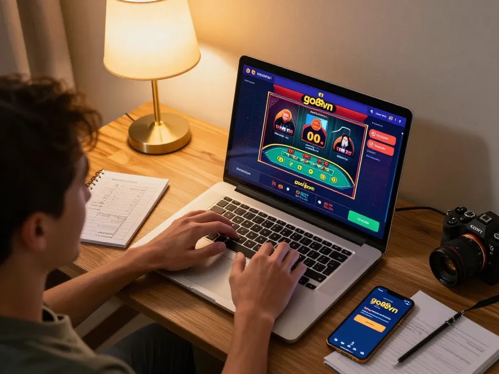 Person enjoying online gaming with go88vn interface on laptop in a cozy home setting