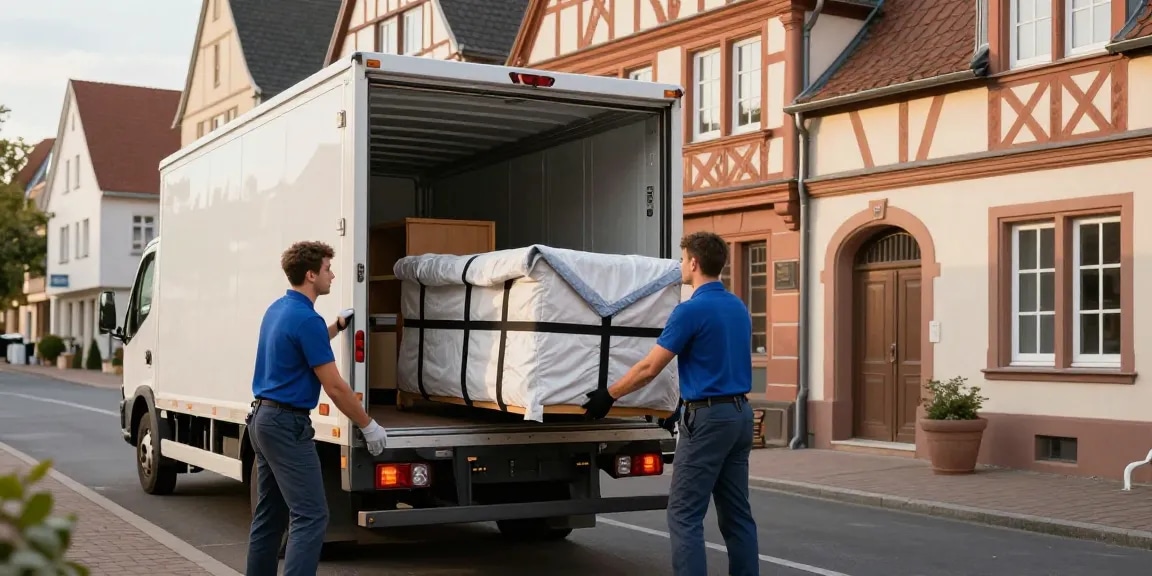 Umzugsunternehmen Worms - Professionelles Team lädt Möbel in Umzugswagen in der Innenstadt.