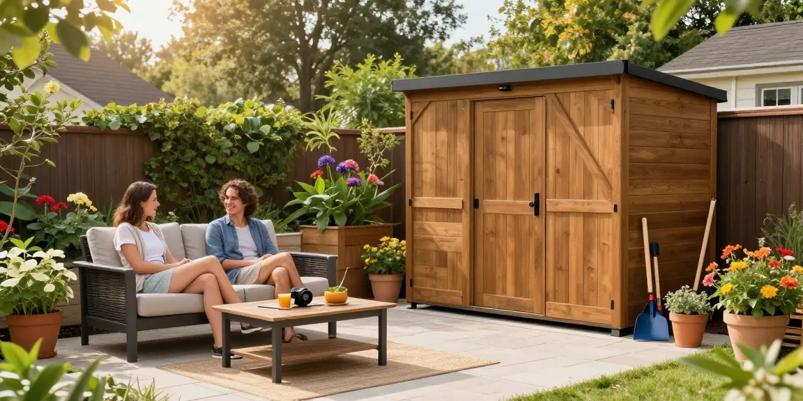 Gartenhaus kaufen für entspannte Momente im Garten mit blühenden Pflanzen und komfortablen Möbeln.