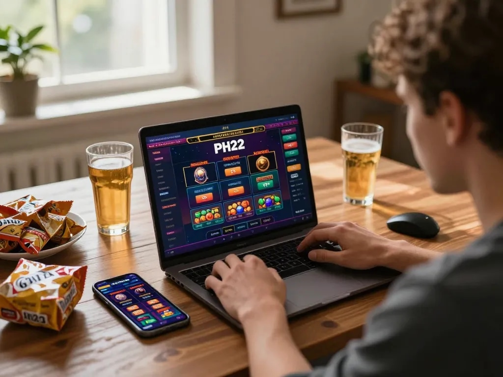 Engaged player using PH22 online casino on laptop and mobile app in a cozy home setup.