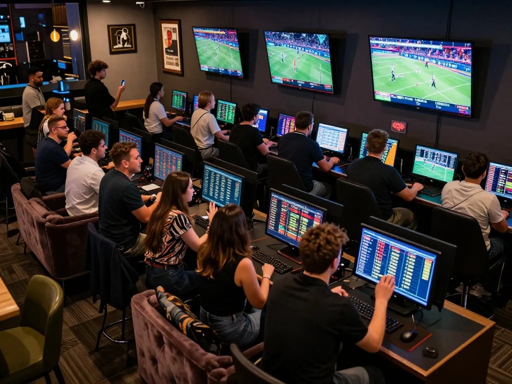 Fans engaging in strategic sports betting at Bsport BTY lounge during game day excitement