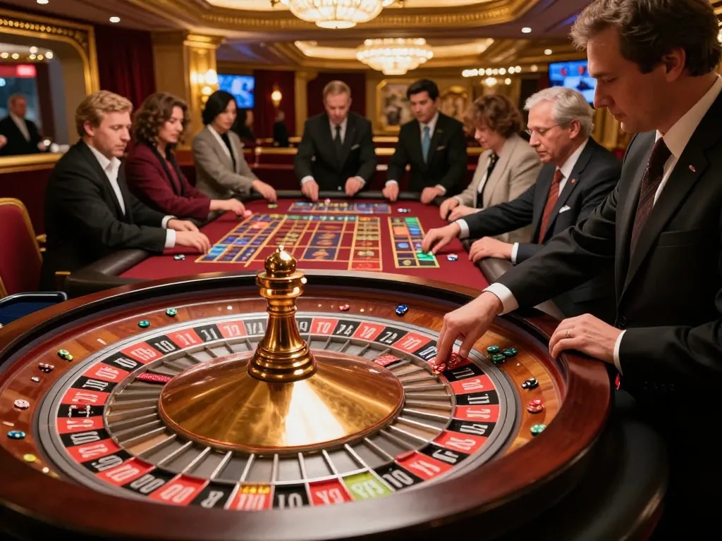 Players engaging in thrilling roulette gameplay at 79sodoni's luxurious casino setting