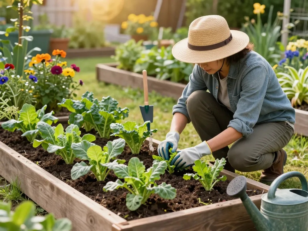 Planting porree jungpflanzen in a sunny home garden, showcasing vibrant growth and gardening tools.