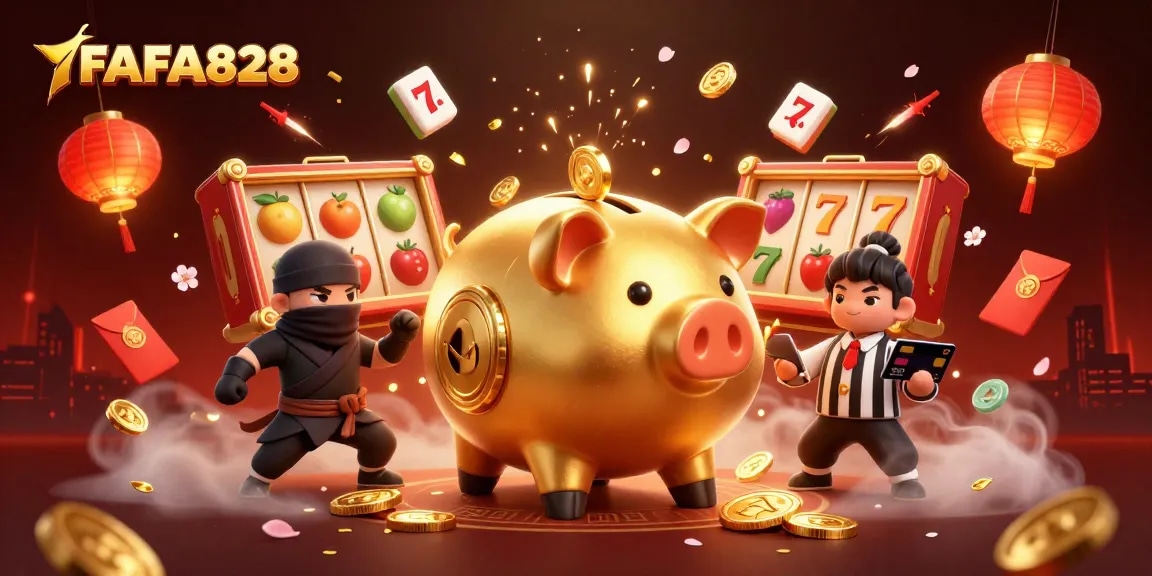 Experience the thrill of FAFA828 with a dynamic illustration of a sumo wrestler and casino elements.