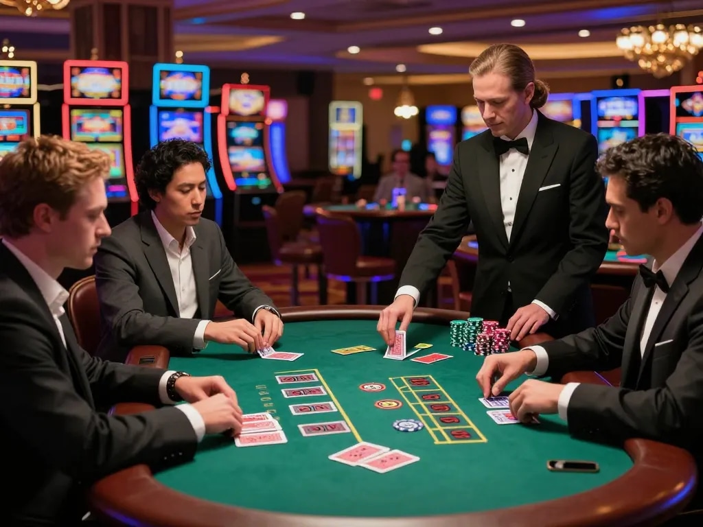 Nohu90 players strategizing at a high-stakes blackjack table in a luxurious casino