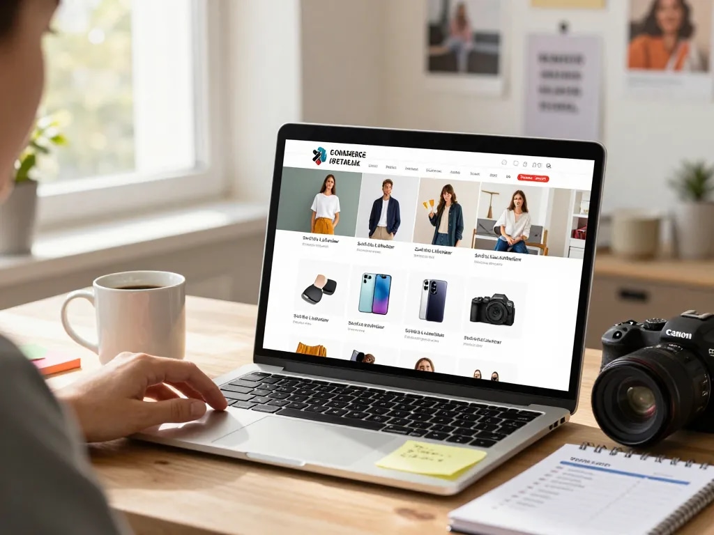 Online-Shopping-Szene mit Sofort Lieferbar Produkten auf einem modernen Laptop in einem gemütlichen Arbeitsplatz.