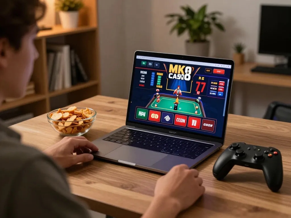 Engage in the mk8 online casino experience with a vibrant poker game on a sleek laptop.