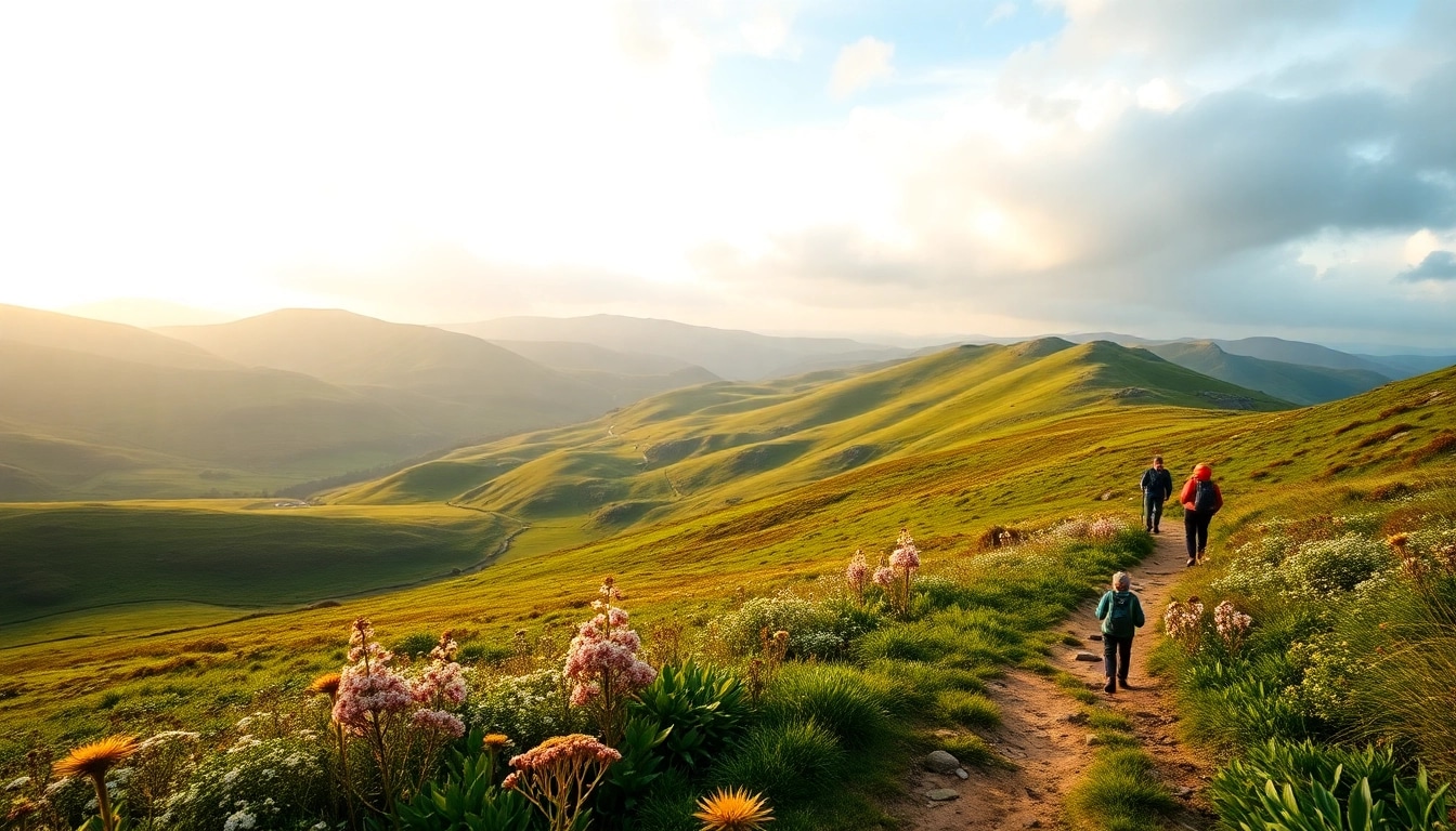 Wanderer auf dem Kerry Way Irland genießen die atemberaubende Landschaft mit blühenden Wildblumen.