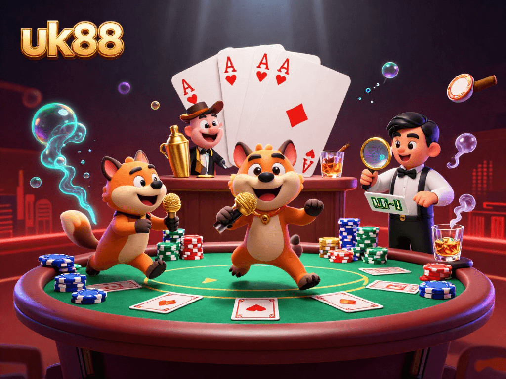 Experience the excitement of uk88 with animated hyenas in a lively casino scene filled with games and vibrant colors.