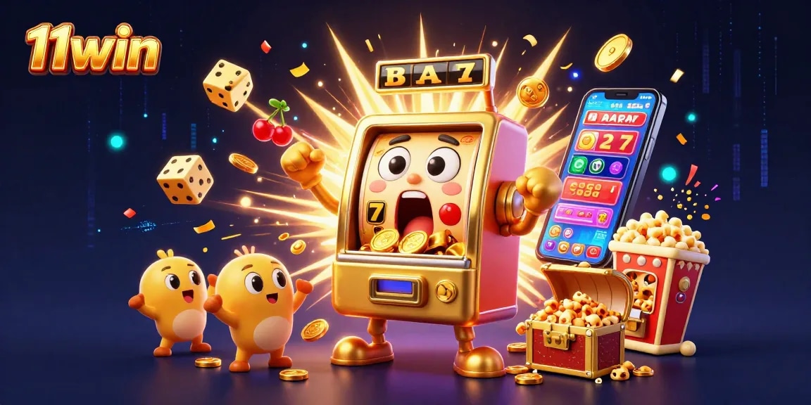Experience the excitement of 11win as the golden slot machine celebrates a jackpot surrounded by cheers and colorful casino elements!