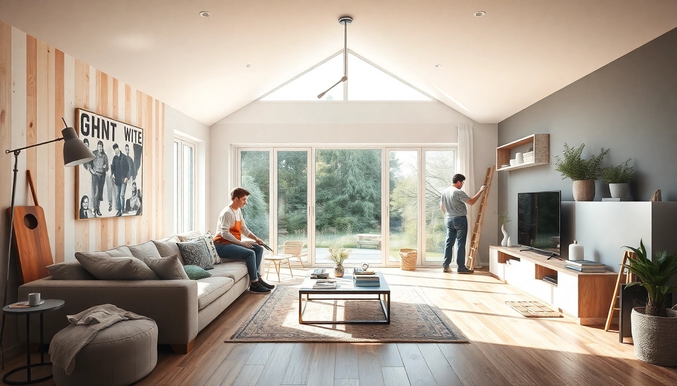 Handwerker bei der Hausrenovierung im modernen Wohnzimmer, warmes Licht und kreative Ideen präsentierend.