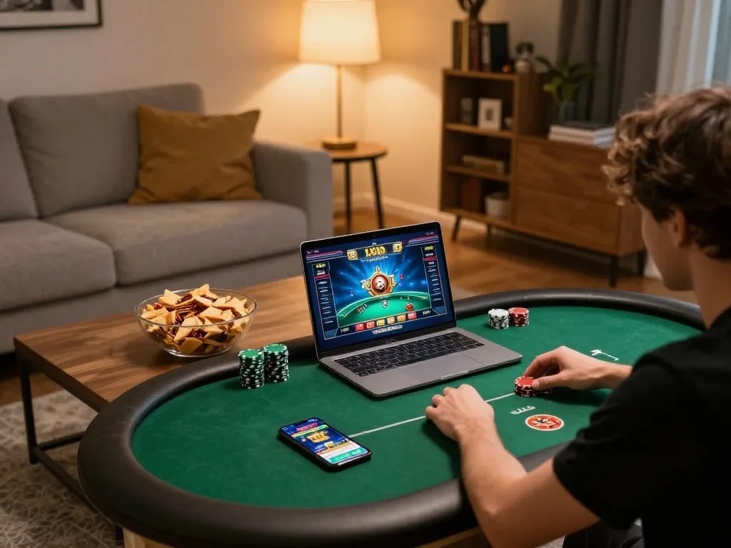 Hit club player enjoying online poker strategy in a cozy home setting