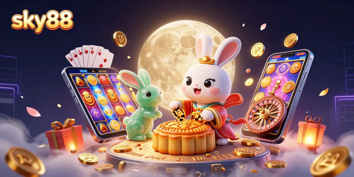 Experience sky88 with a dynamic 3D illustration showing a moon rabbit surrounded by casino elements.