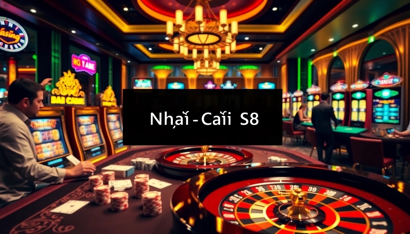 Engaging casino interface showcasing Nhà Cái S8 with poker and roulette games in a luxurious setting.