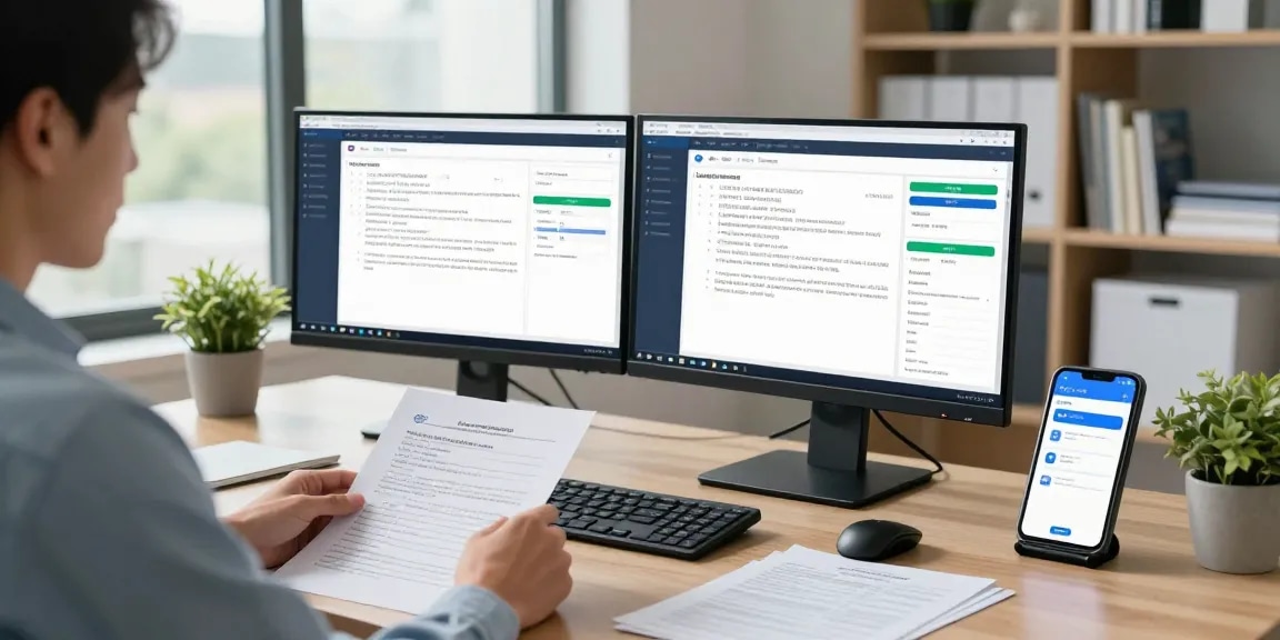 Person engaged in document fraud detection analysis in a modern office, showcasing software on monitors.