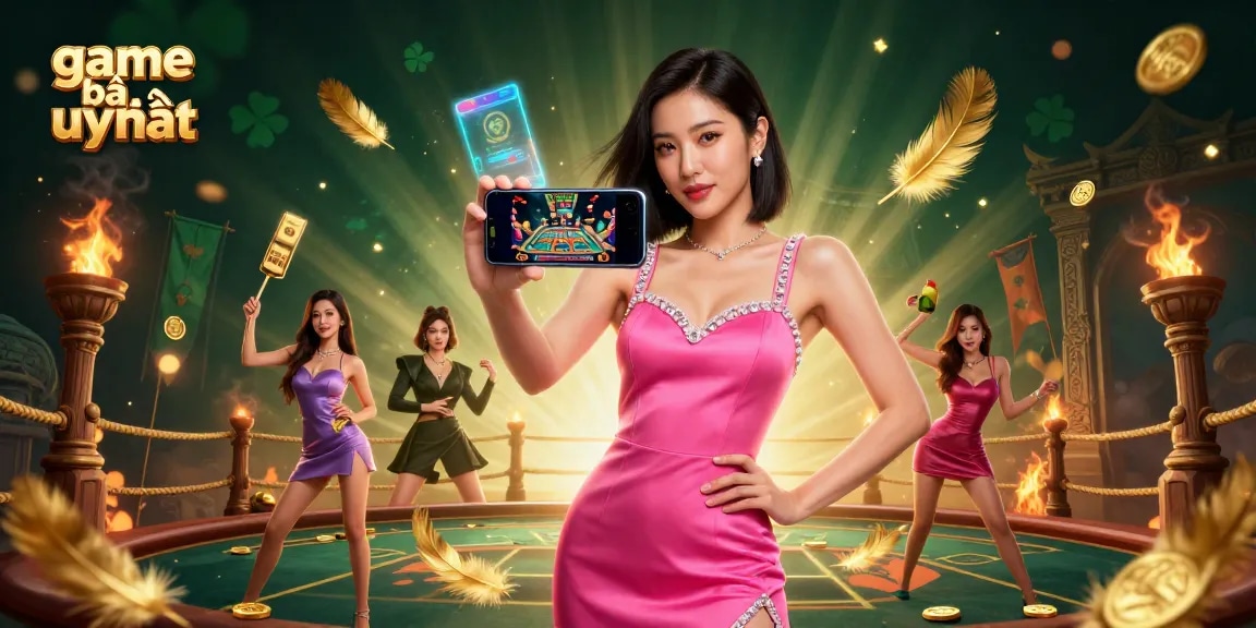 Engage in game bài uy tín with a stunning Asian woman showcasing a live dealer casino game on her smartphone amidst vibrant casino elements.