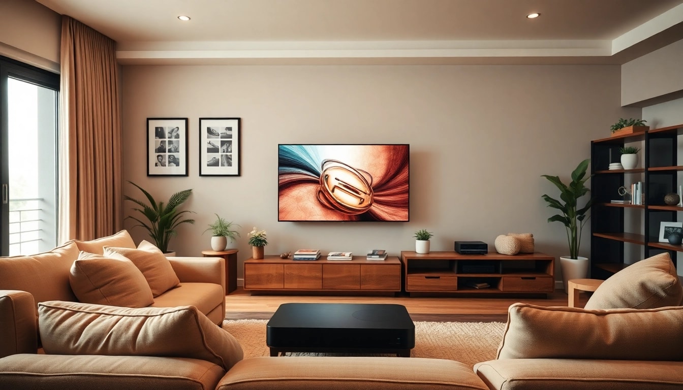 Verwenden Sie iptv 12 monate in einem modernen Wohnzimmer mit einer stilvollen TV-Anlage.