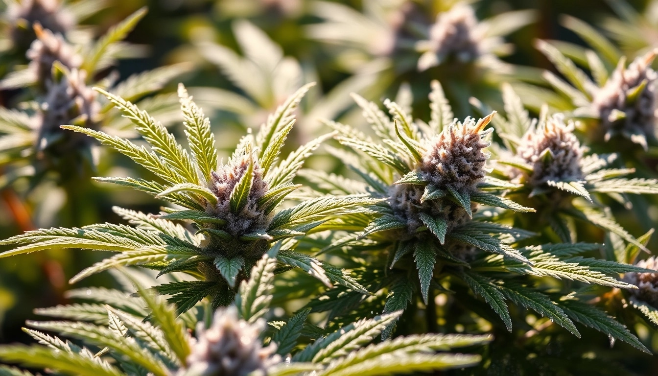 Discover the sparkling trichomes of the White Widow cannabis plant highlighting its robust features.