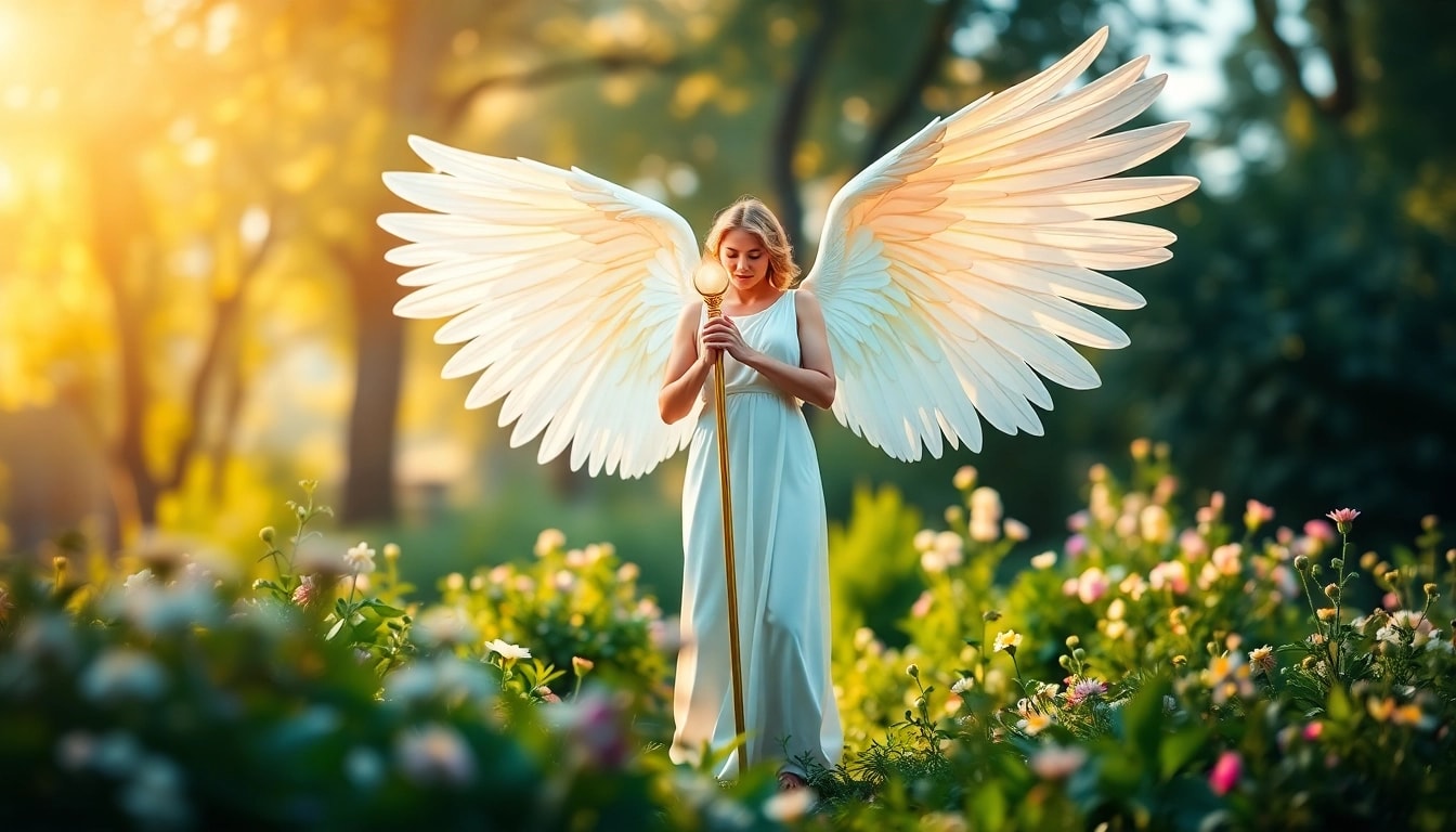 Erzengel Raphael in einem friedlichen Garten voller Schönheit und Licht.